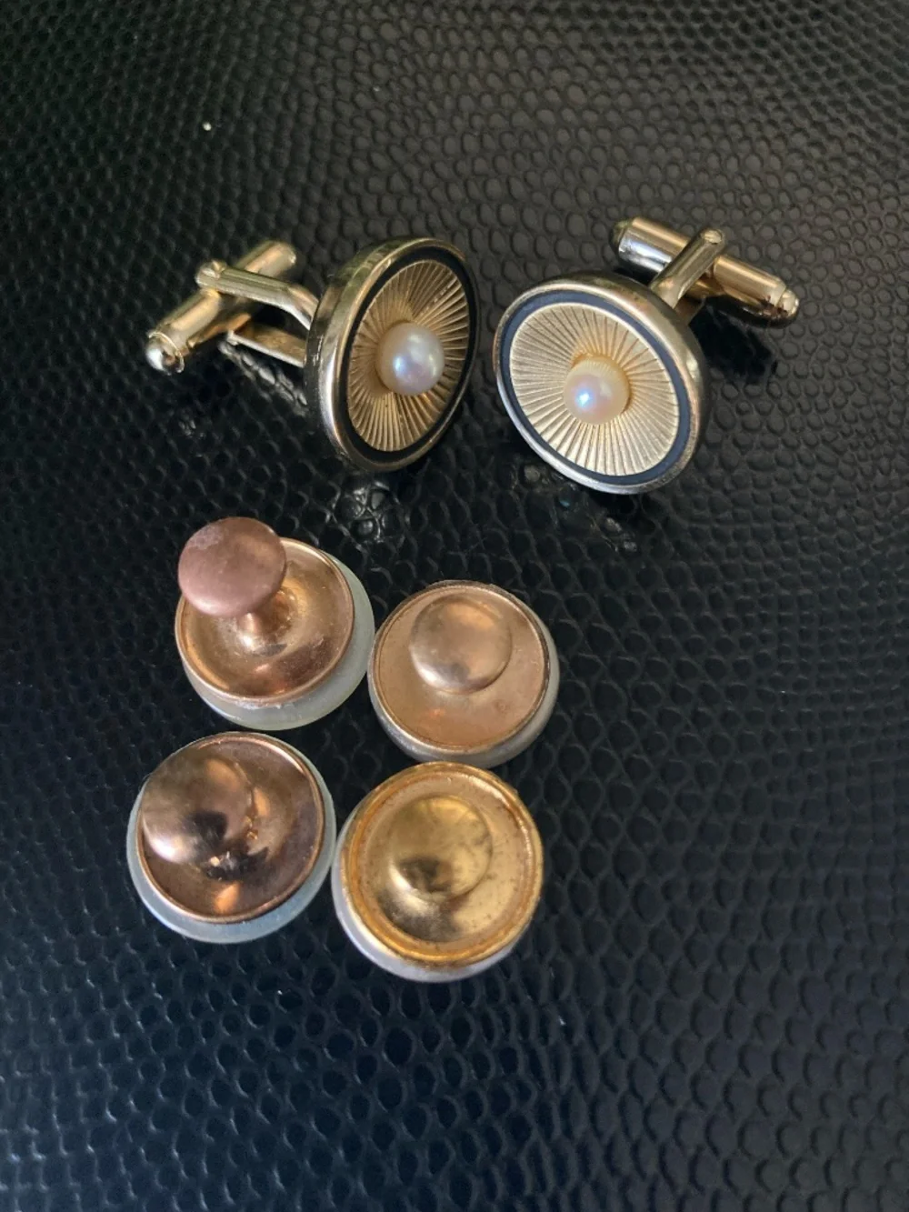 Vintage Anson Pearl Cufflinks Tuxedo Stud Set Gold Tone Formal Wedding Set